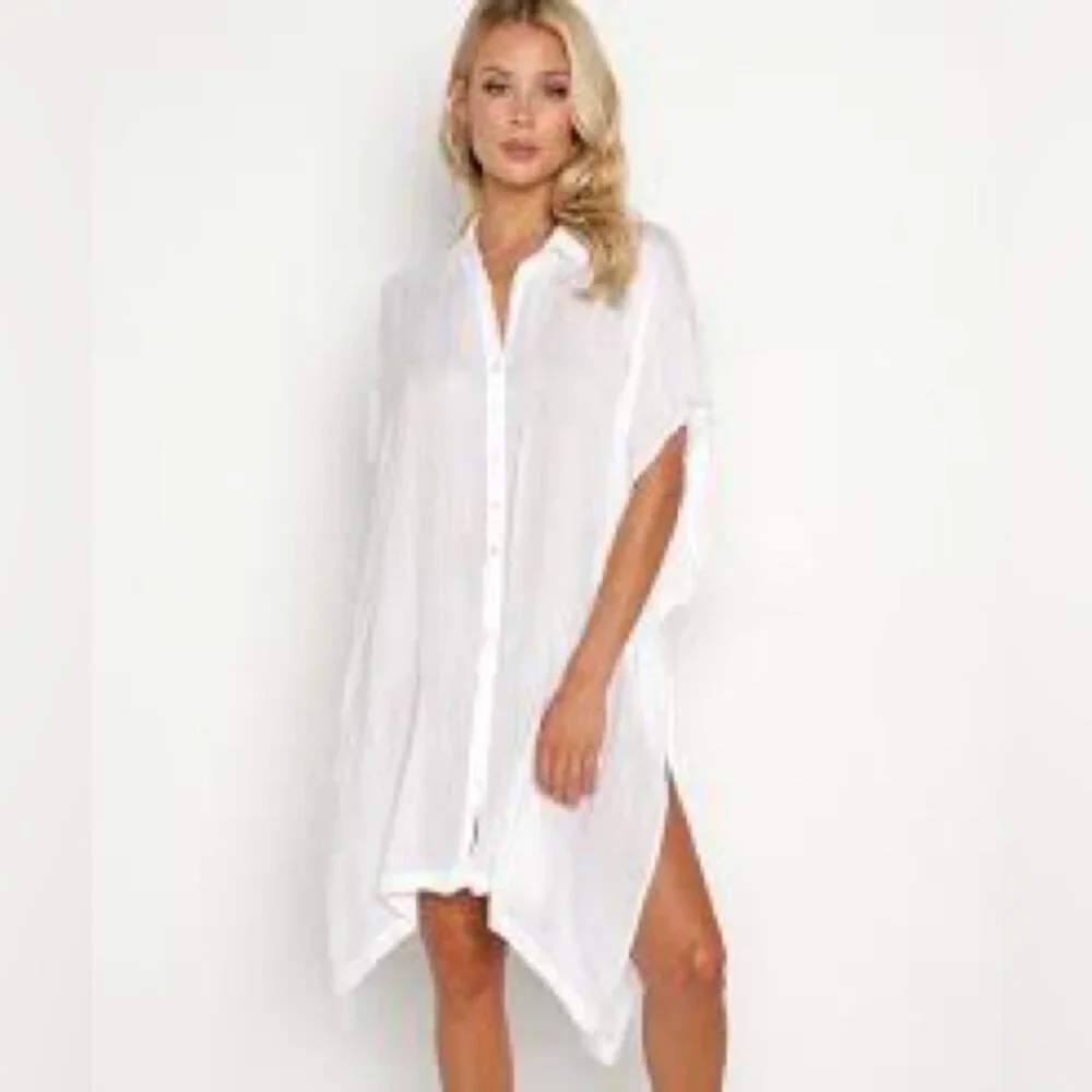 L*Space Light Blue Oversized Beach Cover Up Viscose Button Down Shirt Dress XS/S